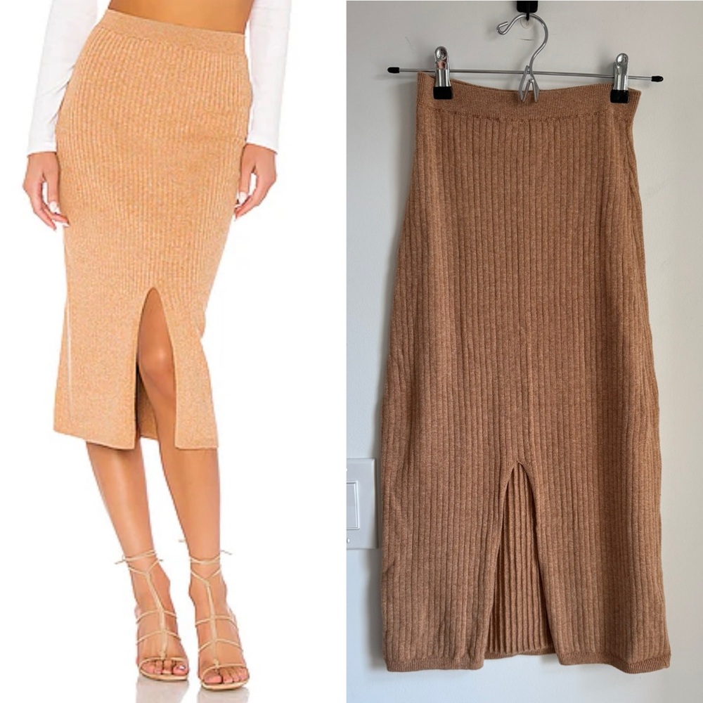 Free People Ribbed Midi Skirt in Camel Tan